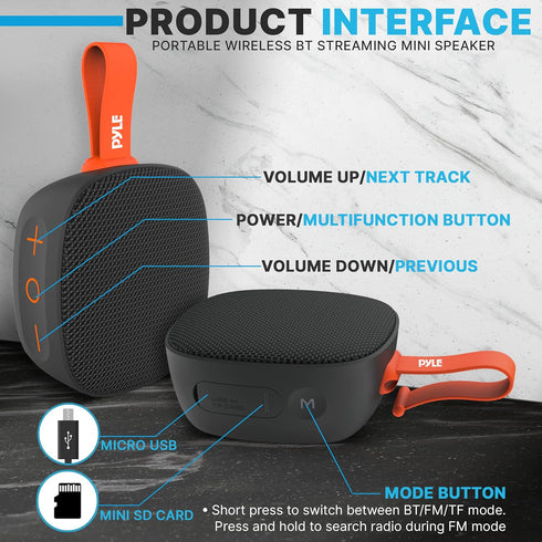 PyleUsa Portable Bluetooth Mini Loud Speaker, TWS Stereo, Strong Bass, IPX7 Waterproof, Supports Micro SD/TF/AUX for