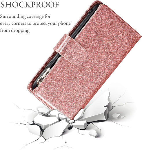 UEEBAI Wallet Case for iPhone 11 - PU Leather Magnetic Closure Handbag with Zipper Pocket, Glitter Pink