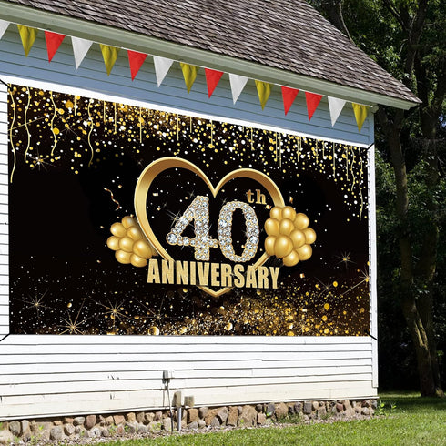 Happy 40th Anniversary Banner Backdrop Decorations, Large Black Gold Wedding Sign Decor for Party Supplies