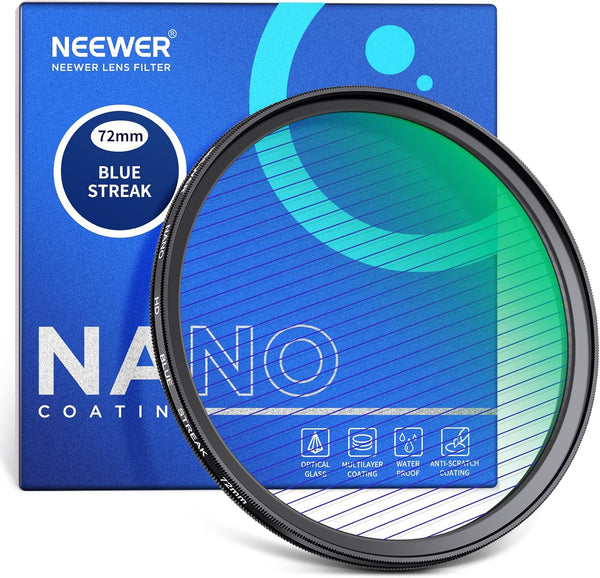 NEEWER 72mm Blue Streak Filter, HD Optical Glass, 360° Rotatable Anamorphic Flare Lens Filter