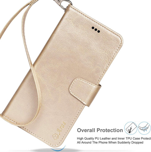 Arae Wallet Flip Cover for iPhone 12 and iPhone 12 Pro - Card Holder and Wrist Strap, Champagne Gold
