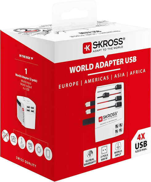 SKROSS Shockproof Universal Travel Adapter, 2 Pole Plus 4 USB Type-A Ports, Child Safe