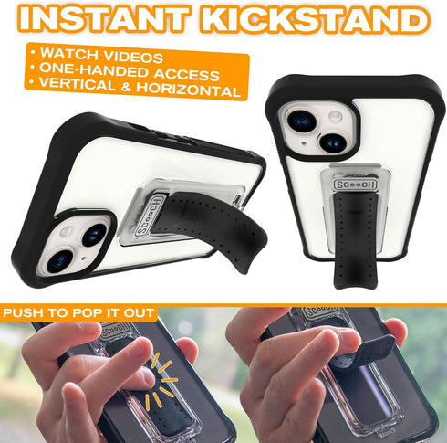 Scooch iPhone 15 Case with Stand, 5-in-1 Kickstand Case, Military Grade Drop Protection, Pop-Out Kickstand, Grip - Black