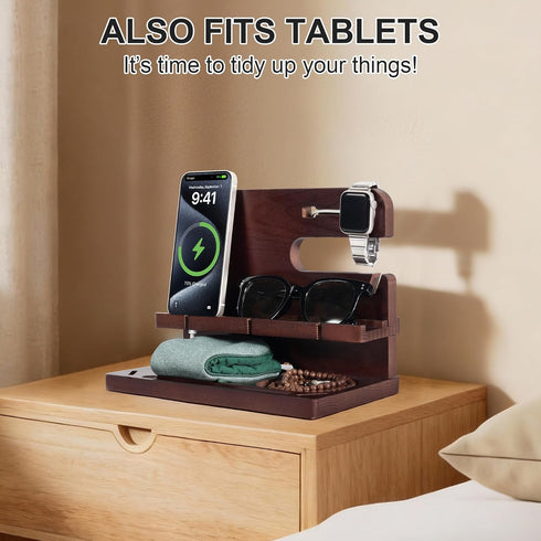 Oraich Wooden Phone Docking Station for Men, Nightstand & Desktop Organizer, Charging Stand for Phone, Watch, Wallet