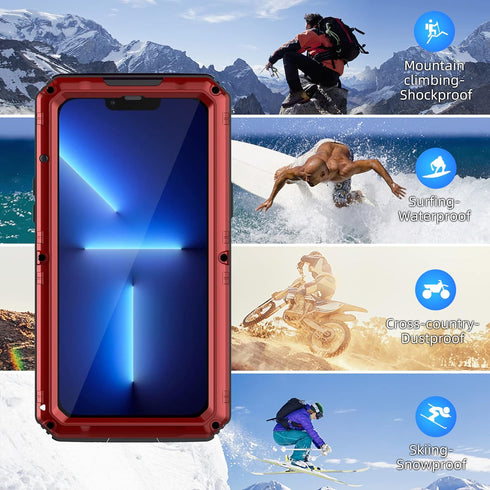 Mitywah Waterproof Case for iPhone 13 Pro Max, Heavy Duty Armor Metal Case, Shockproof Built-in Screen Protector, Red