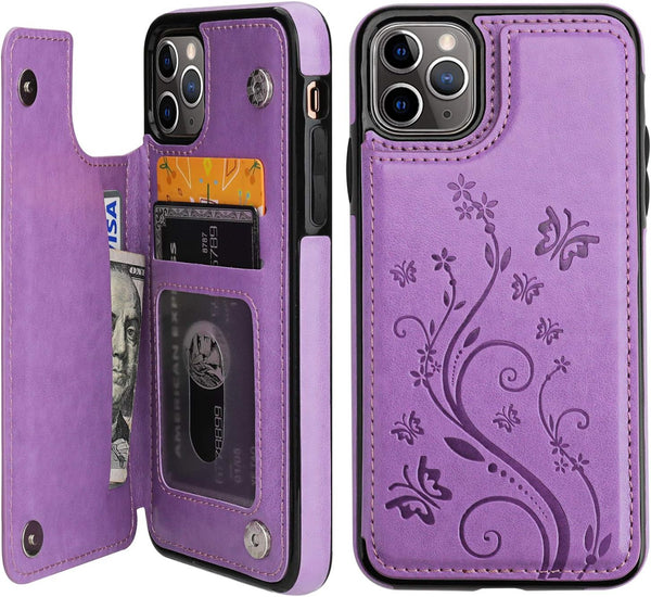 Vaburs iPhone 11 Pro Max Case Wallet with Card Holder, Embossed Butterfly PU Leather Flip Cover (Purple)