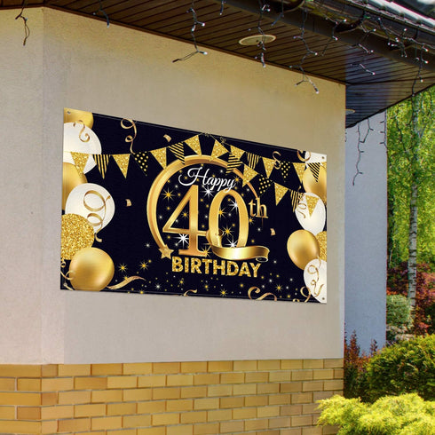 Blulu 40th Birthday Party Decoration, Extra Large Black Gold Fabric Sign Poster for Photo Booth Background