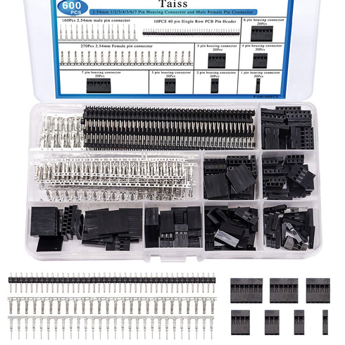 Taiss 600PCS Dupont Connector Kit, 2.54mm 1/2/3/4/5/6/7 Pin Housing Connector and Male Female Crimp Pin