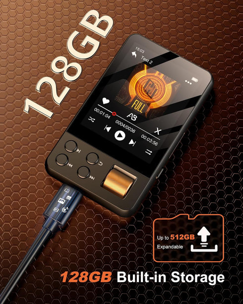 AGXOV 128GB MP3 5.3, Player with Bluetooth Music Player with Built-in HD Speaker, FM Radio, Voice Recorder, HiFi Sound