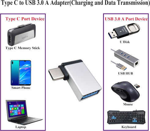 Right Angle USB C to USB 3.0 Adapter, 90 Degree Type C Male to USB A 3.0 Female Converter, 2 Pack-Silver M/F