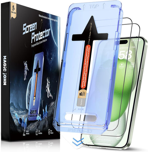 MAGIC JOHN iPhone 15 Plus 6.7" Tempered Glass Screen Protector 2 Pack, Bubble Free, HD Clear, Easy Install, Dynamic