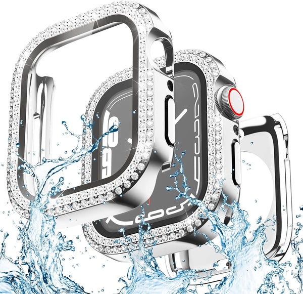 2 in 1 Waterproof Bling Case for Apple Watch 44mm, Glitter Diamond Rhinestone Bumper Face Cover for SE Series 6/5/4