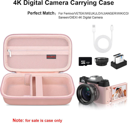 4K Digital Camera Carrying Case for Femivo/VETEK/IWEUKJLO/VJIANGER/WIKICO/Saneen/OIEXI 4K 48MP Vlogging Camera, Travel Compact Camera Storage Cover Bag Organizer Holder, Rose Gold