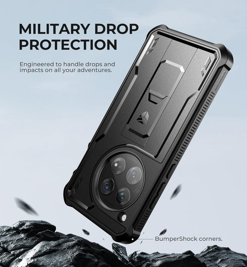 Dexnor OnePlus 12 Case - Heavy Duty Shockproof, Military Grade, Built-in Screen Protector & Kickstand, Black.