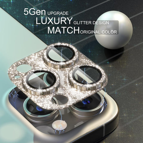 Choiche Bling Camera Lens Protector for iPhone 15 Pro/Pro Max, 9H Tempered Glass, Glitter-Titanium Gold, Metal Ring.