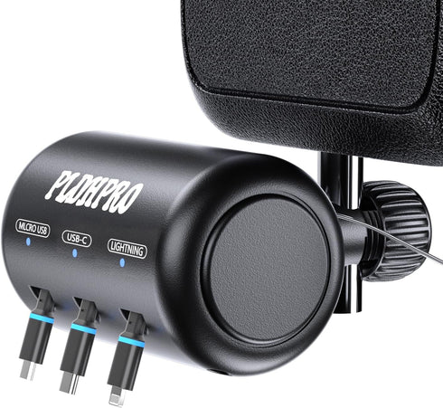 Retractable Car Backseat 3 in 1 Multi Charging Station Box with USB Type C Cables for iPhone, Samsung, Android