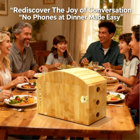 MuyuRise 6 6 Phone Box for Family Time with Combination Lock, Premium Bamboo Wood Cell Phone Jail with Charging Holes