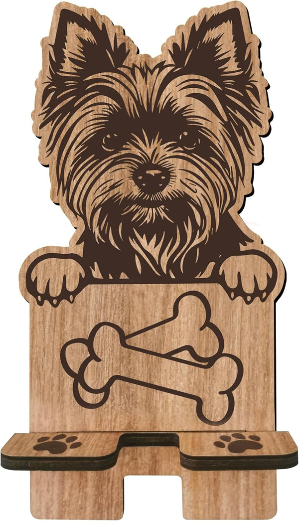 Dog Theme Wooden Phone Holder - Yorkshire Terrier - Charging Station for E-Book, Smart Phones, Tablets, Desktop