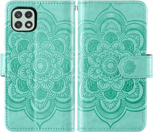 Asuwish Wallet Case for Samsung Galaxy A22 5G/Celero 5G - Flip Card Holder, Tempered Glass Protector, Green.