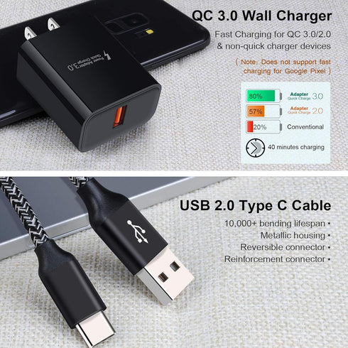 Quick Charge 3.0 Wall Charger Fast Charging Block for Samsung Galaxy S24 S23 S22 S21 S20 FE S10E S9 S8 A15 A25 A14 A13 A53 5G A21 A11 A51 A71 A10E Note 20, Adaptive Fast Charger Type C Charging Cable