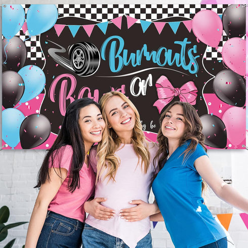 Burnouts or Bows Gender Reveal Decoration, Backdrop Party Supplies, Blue or Pink Baby Shower Banner, 72.8 x 43.3 Inch