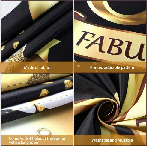 65th Birthday Black Gold Party Decoration, Large Fabric Sign Poster for 65th Anniversary Backdrop Banner, 72.8 x 43.3