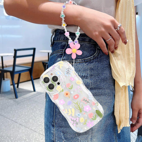 Cute Colorful Flower Curly Wave Clear Case for iPhone 14 Pro Max with Lovely Flower Bracelet Chain