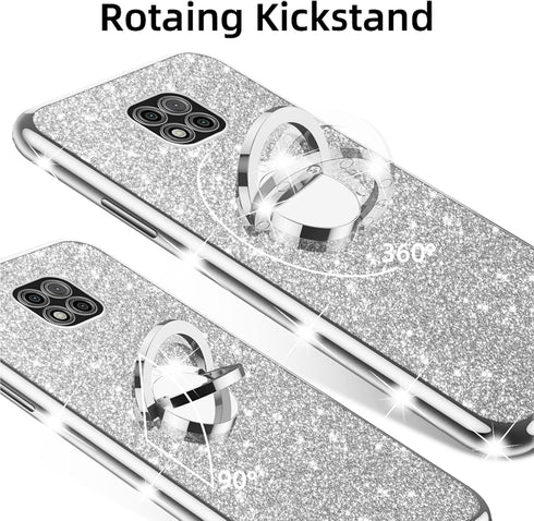 Case for Moto G Power 2021, Shockproof Protection with Ring Kickstand Lanyard, Cute Soft Glitter Cover - Silver