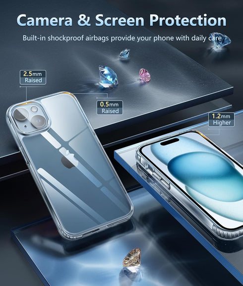 FNTCASE Clear Slim Shockproof iPhone 15 Case: Tough 5G Protection, Anti-Yellowing, Scratch & Drop Proof, 6.1 inch.