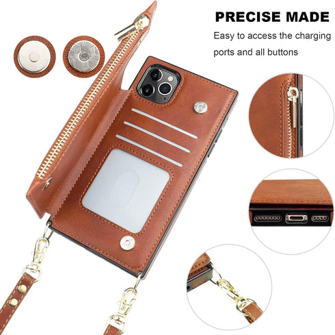 Bocasal Crossbody Wallet Case for iPhone 11 Pro Max, Card Holder Zipper Slot Protector with Removable Strap, Brown