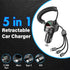 Retractable Car Charger 5 in 1 with Voltage Monitoring LED Display - 18W Car Phone Charger with Built-in Retractable Charging Cable Compatible with iPhone, Samsung & Android Phones