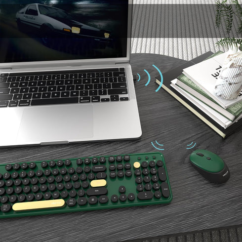 UBOTIE Colorful Wireless Computer Keyboards Mouse Combos, Retro PC Keyboards with Optical Mouse (Green-Black)