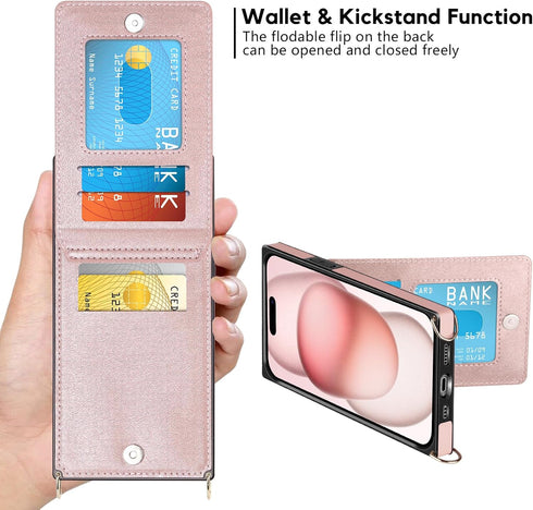 Vofolen Wallet Case for iPhone 15 with Card Holder, Crossbody Lanyard Wrist Strap, Heavy Duty Protective