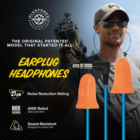 Plugfones Basic Earplug Headphones - Earplug-Earbud Hybrid, 27 dB Noise Reduction, Orange Foam Earplugs