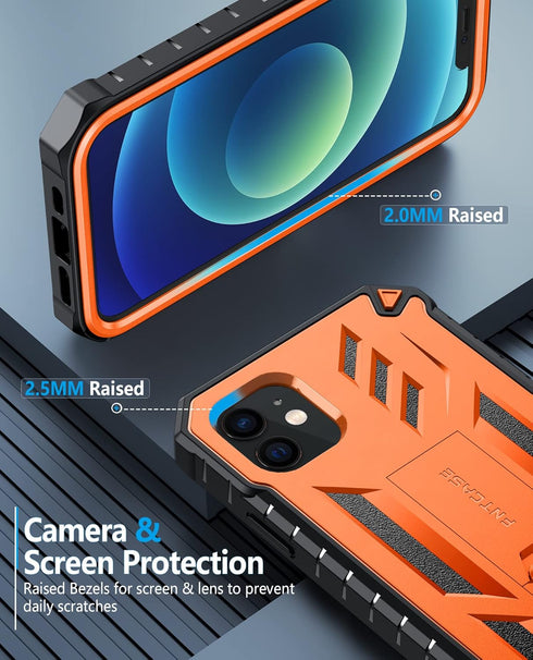 FNTCASE iPhone 12 Pro Case: Rugged Military Grade Drop Proof Cover with Kickstand, Matte Textured TPU, 6.1" - Orange