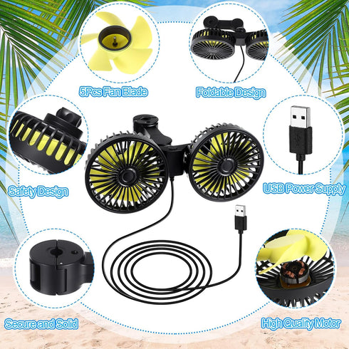 Tujoe 2 12v 360 Pcs Dual Car Seat Fans for Portable USB Backseat Cooling Headrest Degree Rotatable Fan Powerful
