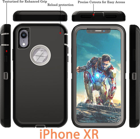YmhxcY iPhone XR Case: Shockproof, Dust-Proof, 3-Layer Heavy Duty Protection, Black & Grey, 6.1" for Apple iPhone XR.