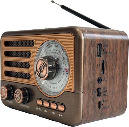 YIONGTAF MP3 Retro AM/FM Portable Radio with Player, Rechargeable Battery, LED Light, Wood Grain Design