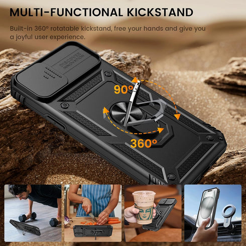 Goton iPhone 15 Plus Case - Heavy Duty Shockproof Bumper with Slide Camera Cover & Screen Protector, Black
