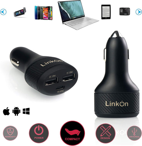 LinkOn 84W USB C Car Charger with 60W PD3.0 and 18W QC3.0 Ports, Compatible with MacBook, Dell XPS, Google Chromebook,