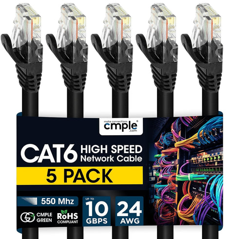 Cmple 5 Pack Cat6 Ethernet Cable, 1.5 ft, High Speed Internet Network Cord, Black