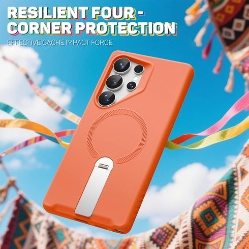 Samsung Galaxy S25 Ultra Case ExoGuard, Soft Skin-Friendly Silicone Cover, Adjustable Metal Kickstand - Orange