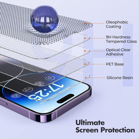 UNBREAKcable iPhone 14 Pro Screen Protector 3-Pack, 9H Hardness, 99.99% HD Clear, Case Friendly, Easy Install Frame.
