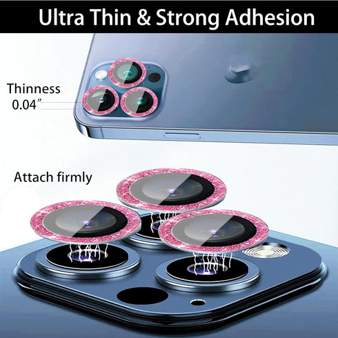 iPhone 14 Pro & Pro Max Camera Lens Protector - 3+1 Glitter Bling, Tempered Glass, Metal Ring, Case Friendly (Pink)
