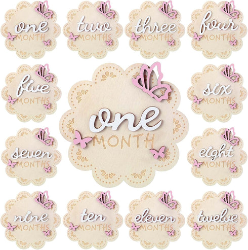 12 Pcs 3D Butterfly Wooden Baby Girl Monthly Milestone Cards Sign 1-12