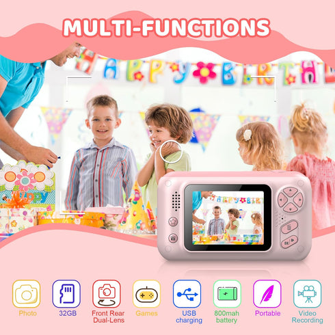 Kids Digital Camera for Girls, Kid Video Camera for Vlogging, Flip-up Lens for Toddler Camera Ages 3-8