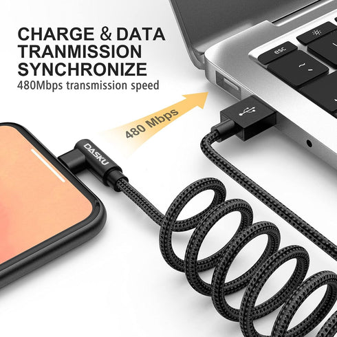 90 Degree Right Angle iPhone Charging Cable 10ft 2-Pack, Nylon Braided Lightning Charger for iPhone 14, 13, 12, 11, Pro