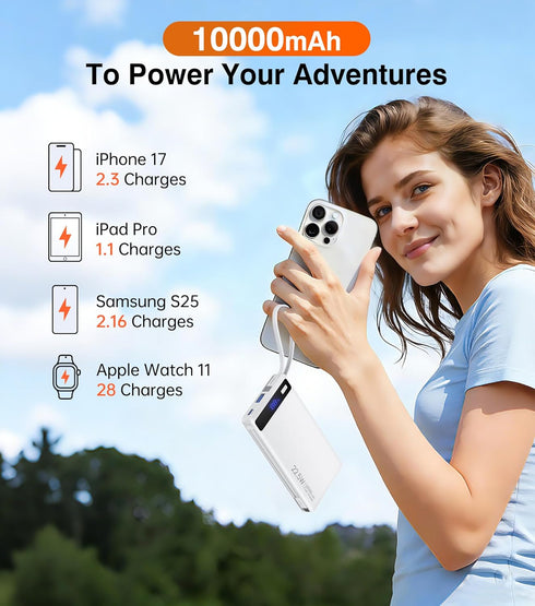 TEMINICE 2 10000mAh, 22.5W Pack, 17 16 15 Power Bank with Built-in Cables PD Slim Portable Charger USB C Battery Travel