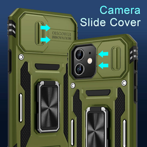 DEERLAMN iPhone 12/12 Pro Case - Olive Green, Military Grade Shockproof, Slide Camera Cover & 2 Screen Protectors.