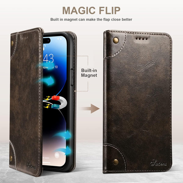 SINIANL Compatible with iPhone 15 Pro Case Wallet, Magnetic Kickstand Credit Card Holder Leather Folio Flip Cover (Dark